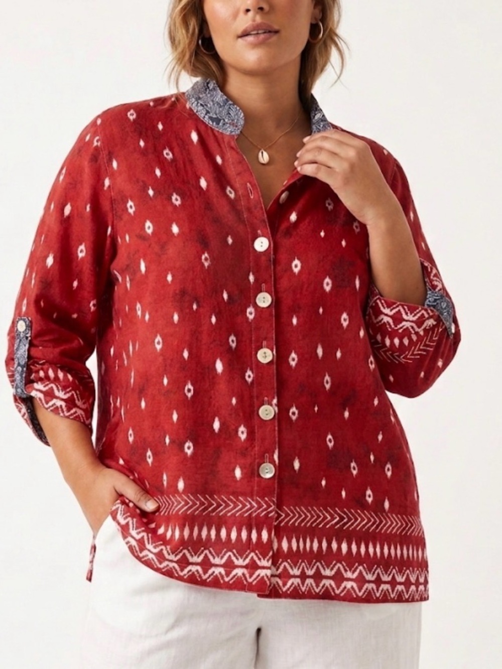 John Mark Ikat Print Red Blue Button Up Blouse Top XL
